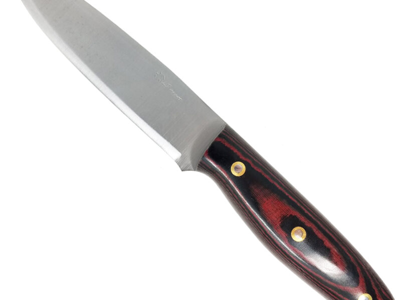 L.T. Wright Handcrafted Knives Jet, Scandi Grind, 01 Steel, w/Leather Sheath (Polished Red/Black Layered w/ Grey Liners)